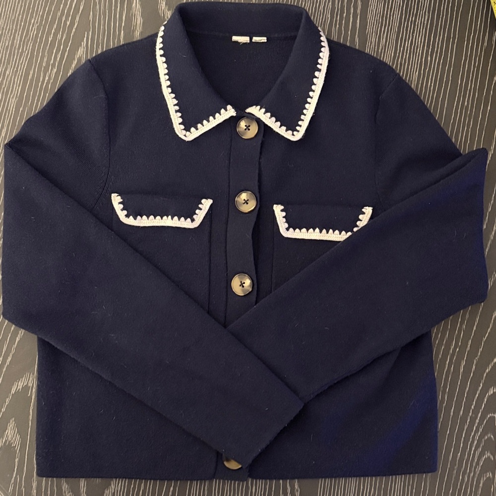 Navy Blue Long Sleeve Collared Button Up Cardigan Sweater Ecru Crochet Trim - Picture 3 of 6